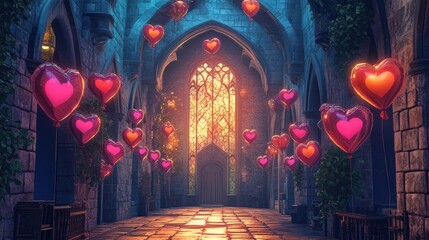 Poster - Heart Balloons Float Through Ancient Church Hallway