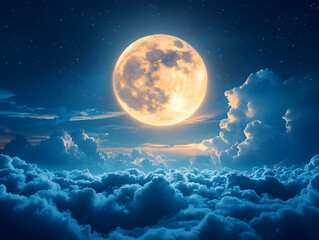 Wall Mural - full moon over a sea of clouds at night, stars visible.