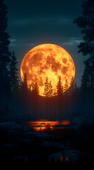 Wall Mural - Huge orange moon rising over tranquil forest lake at night.