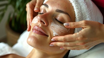 Poster - A woman enjoys a calming facial treatment at home, as her therapist gently applies a soothing cream. The atmosphere is tranquil, promoting wellness and relaxation.