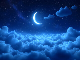 Wall Mural - crescent moon above a sea of clouds at night, starry sky.