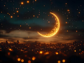 Wall Mural - glowing crescent moon hangs over a cityscape at night, with sparkling lights.