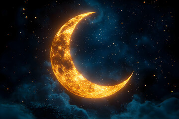Wall Mural - glowing crescent moon in a starry night sky.