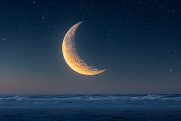 Wall Mural - crescent moon over tranquil ocean at night.
