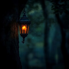 Wall Mural - Glowing Lantern Hanging From A Forest Tree At Night