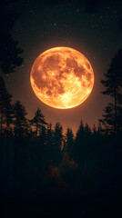 large orange moon rising over dark forest silhouette at night.