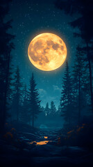Wall Mural - Full moon over tranquil forest stream at night.