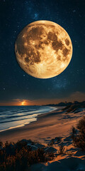 Wall Mural - Huge orange moon over a tranquil beach at night.
