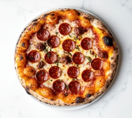 Wall Mural - Delicious Round Pepperoni Pizza with Crispy Crust and Rich Toppings on a Marble Surface, Perfect for Culinary Enthusiasts and Food Photography