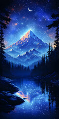 Wall Mural - Majestic mountain peak reflecting in a serene lake under a crescent moon and starry sky.