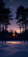 Wall Mural - magical winter sunset in snowy forest with starry sky.