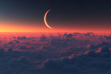 Wall Mural - crescent moon above a sea of clouds at sunset.
