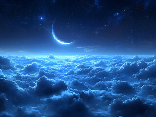 Wall Mural - Crescent moon above a sea of clouds at night. (1)