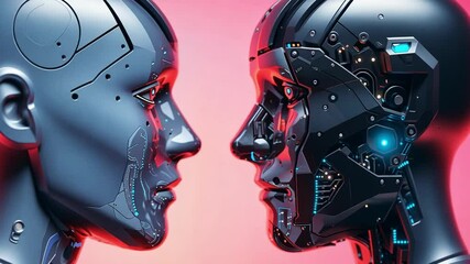 Poster - Two futuristic humanoid robots face each other, showcasing intricate details and glowing elements. The setting exudes a blend of technology and romance, resonating with a Valentine's theme.