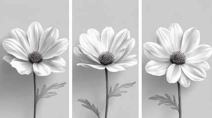 Wall Mural - Triptych of grayscale realistic white flowers.