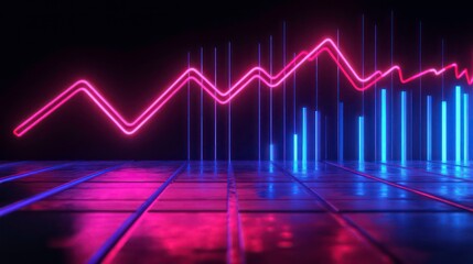Poster - abstract neon graph depicting fluctuating market trends with pink and blue lines on a dark reflectiv