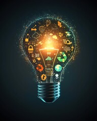 Aufkleber - A glowing light bulb with circular economy icons inside, symbolizing sustainable business growth, renewable energy, and environmental impact