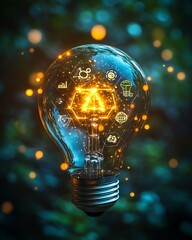 Aufkleber - A glowing light bulb with circular economy icons inside, symbolizing sustainable business growth, renewable energy, and environmental impact