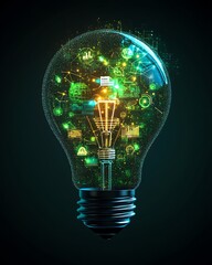 Aufkleber - A glowing light bulb with circular economy icons inside, symbolizing sustainable business growth, renewable energy, and environmental impact