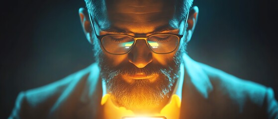 Poster - A modern businessman interacting with a mobile phone, revealing a futuristic metaverse with icons for digital marketing, financial services, and internet technology