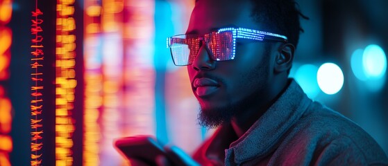 Poster - A modern businessman interacting with a mobile phone, revealing a futuristic metaverse with icons for digital marketing, financial services, and internet technology