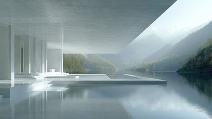 Poster - Modern architectural structure by a serene lake.