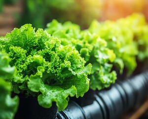 Poster - A vibrant hydroponic farm with Green Cos lettuce growing in plastic pipes, smart sensors monitoring growth, futuristic greenhouse design promoting health and quality produce
