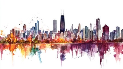 Poster - A detailed watercolor painting of the Chicago skyline against a white background, Depict the diversity of architectural styles that define Chicago's unique skyline