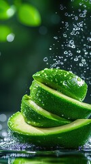 Wall Mural - Fresh green apple slices, glistening with water droplets, stacked against a soft-focus background, evoking a refreshing and vibrant feel.