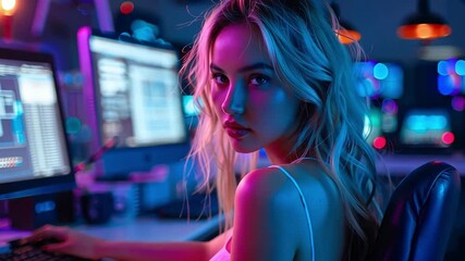 Aufkleber - A young woman with long blonde hair sits confidently at her desk, surrounded by glowing screens in a dark, colorful workspace.