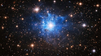 Wall Mural - a glowing blue star shape sits at the center of a dark, star-filled galaxy.