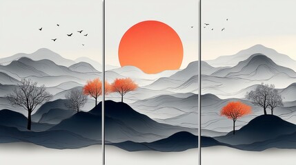 Sticker - Triptych of minimalist mountain landscape with setting sun, bare trees, and birds.