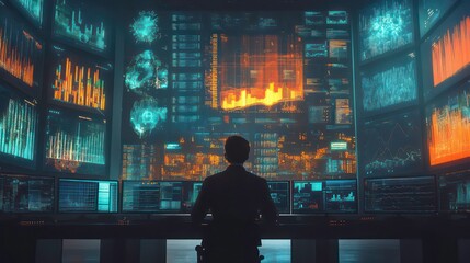 Poster - A man works as an operator specialist in a computer data center in front of many monitors with charts and data