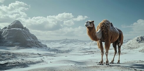 Sticker - A lone camel stands in a snowy desert landscape