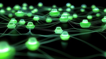 Poster - Dynamic network visualization of green nodes digital space 3d render tech environment abstract viewpoint