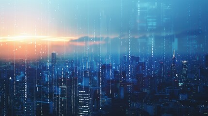Poster - Modern city landscape showing dots and line representing high-speed internet, cloud data storage, computing, global market, global network
