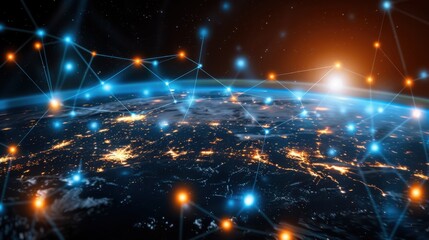 Poster - modern technology concept: global world network and telecommunication on earth cryptocurrency and bl
