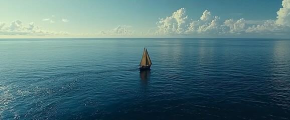 Poster - Solitary sailboat on a vast, serene ocean under a partly cloudy sky.