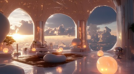 Wall Mural - Futuristic Cloudtop Lounge Sunset View