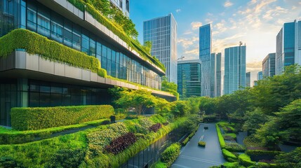 Wall Mural - a vibrant, eco-friendly cityscape showcasing green buildings, renewable energy sources, and lush urb
