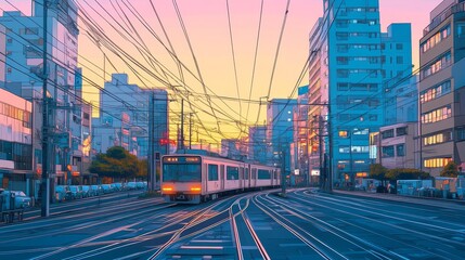 Wall Mural - A vibrant cityscape at sunset featuring a train on tracks amidst urban buildings.