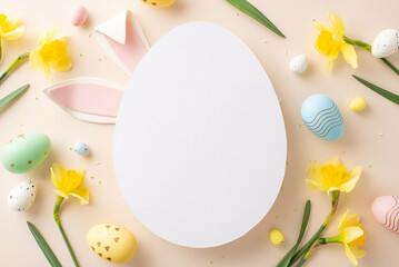 Wall Mural - bright easter setup featuring a large white egg, daffodils, and pastel eggs