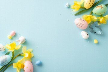 Wall Mural - easter-themed arrangement featuring pastel-colored eggs and yellow flowers on a blue surface