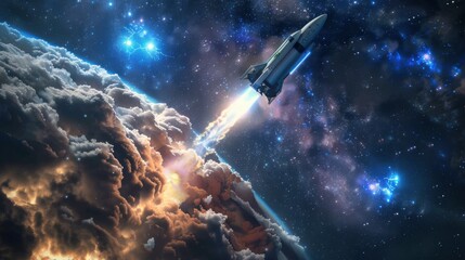 Poster - New space shuttle with a light trail flies into the amazing starry sky. Beginning a space mission and exploring the cosmos. Successful rocket launch. Rocket launch to the space with bright light