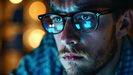 Fototapete - A person with glasses is intensely studying information on a computer screen in a low-light environment.