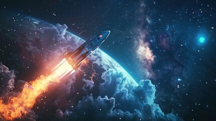 Poster - New space shuttle with a light trail flies into the amazing starry sky. Beginning a space mission and exploring the cosmos. Successful rocket launch. Rocket launch to the space with bright light