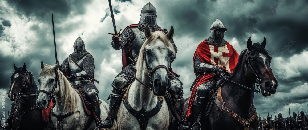 Medieval knights in armor ride valiantly against a dramatic stormy sky ...