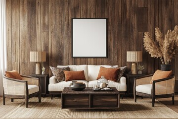 Wall Mural - Contemporary lounge area template displaying timber walls and chic decor