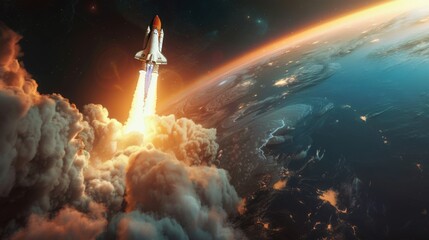 Poster - New space shuttle with a light trail flies into the amazing starry sky. Beginning a space mission and exploring the cosmos. Successful rocket launch. Rocket launch to the space with bright light
