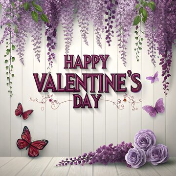 Valentine day card dacoratet  with flowers and butterfly on white background